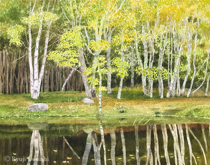 上西竜二作品「水面に映る林」